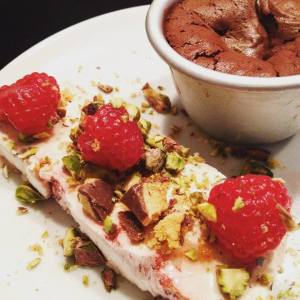 hot chocolate mousse with rasp ripple iced cream